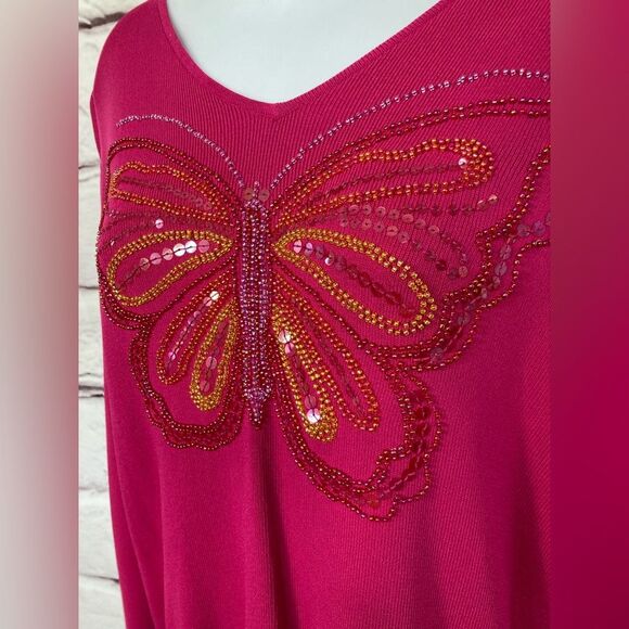 Draper’s & Damon’s Top SZ L Magenta Pink Barbiecore Butterfly Sequin Rayon Nylon - Picture 2 of 9